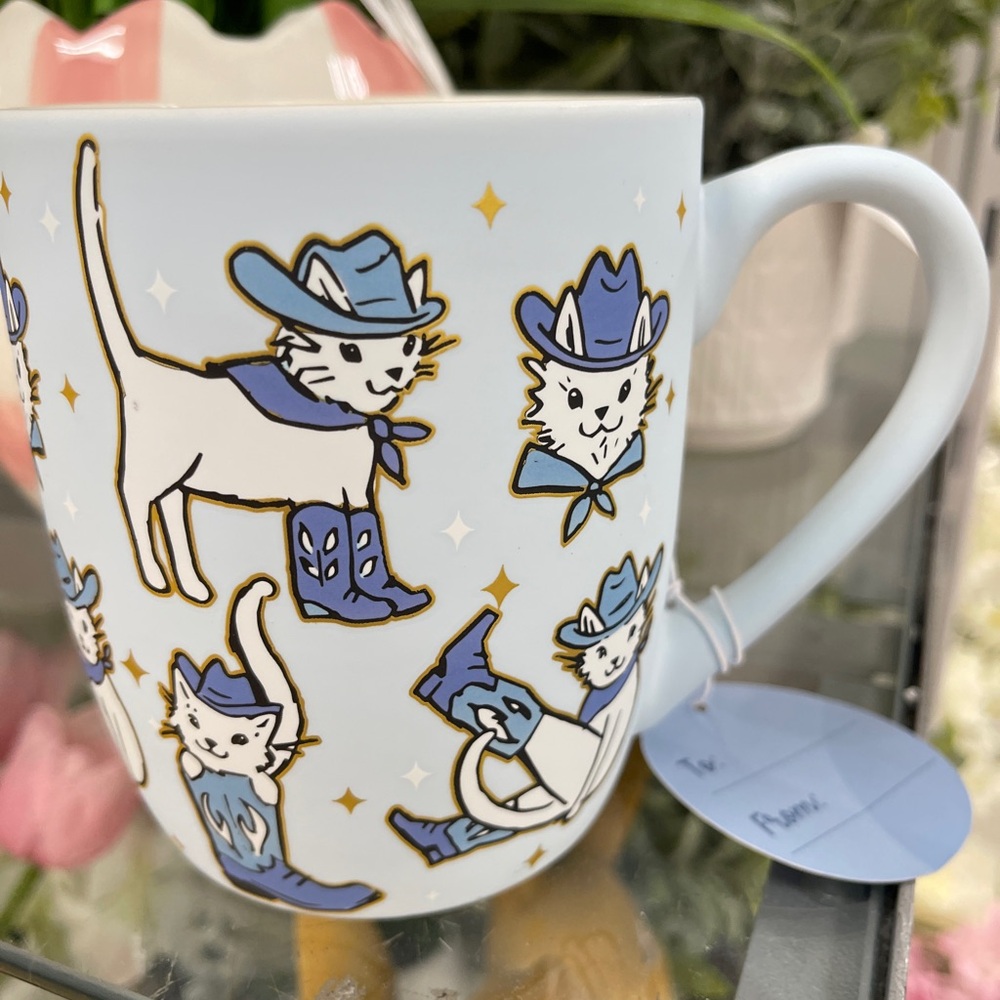 Cat Cowgirl Pastel Blue White Cat in Hats & Boots Soft Touch Mug NWT